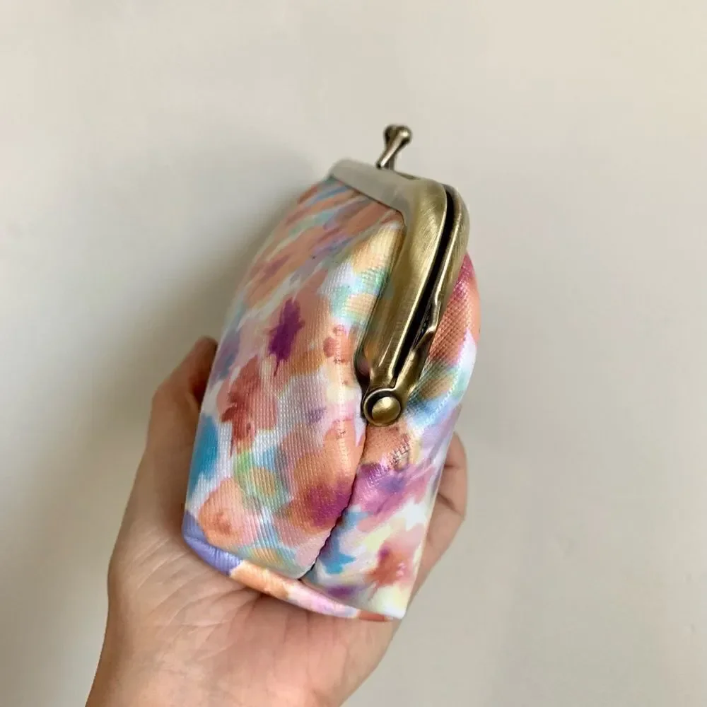 Handmade Genuine Leather Floral Print, Metal Frame Small Clutch/Cosmetic Case